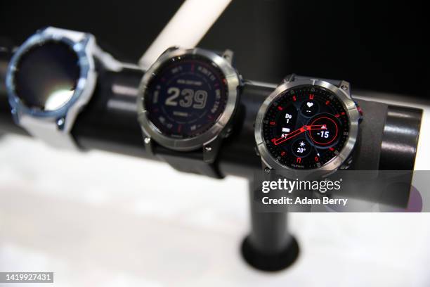 Garmin Fenix 7 and epix 2 sportswatches are seen during a press preview at the IFA 2022 consumer electronics trade fair on September 01, 2022 in...