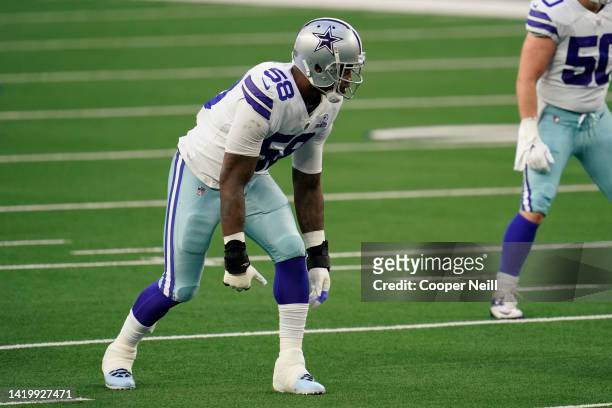 Aldon Smith of the Dallas Cowboys gets set on the line of scrimmage during an NFL game against the Philadelphia Eagles on December 27, 2020 in...