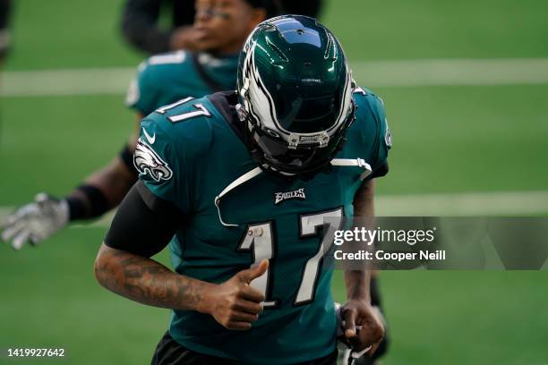 Alshon Jeffery of the Philadelphia Eagles runs off of the field prior to an NFL game against the Dallas Cowboys on December 27, 2020 in Arlington,...