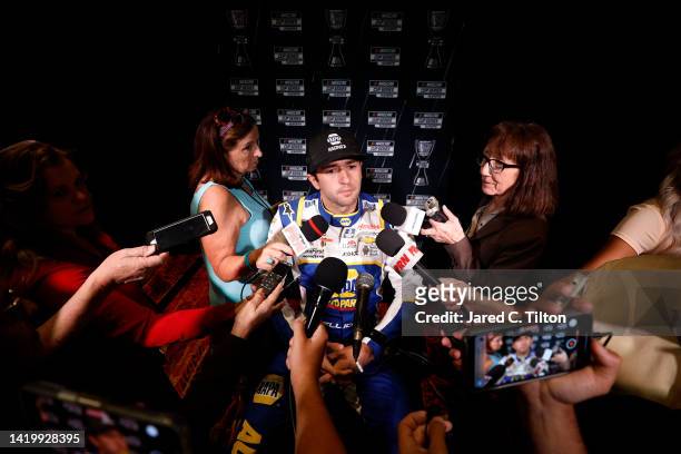 Driver Chase Elliott speaks with the media during the NASCAR Cup Series Playoff Media Day at Charlotte Convention Center on September 01, 2022 in...