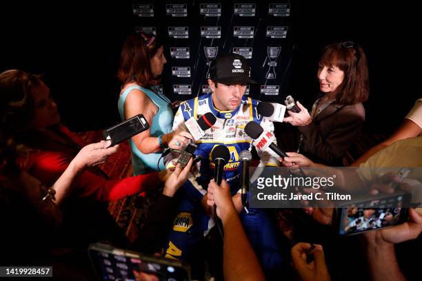 Driver Chase Elliott speaks with the media during the NASCAR Cup Series Playoff Media Day at Charlotte Convention Center on September 01, 2022 in...