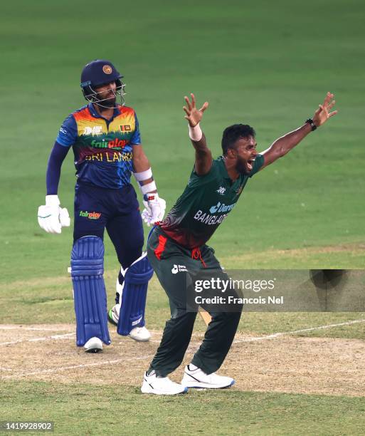 Ebadot Hossain of Bangladesh appeals for the wicket of Kusal Mendis of Sri Lanka during the DP World T20 match between Sri Lanka and Bangladesh at...