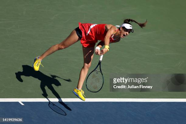 Sorana Cirstea of Romania serves against Belinda Bencic of Switzerland during their Women's Singles Second Round match on Day Four of the 2022 US...