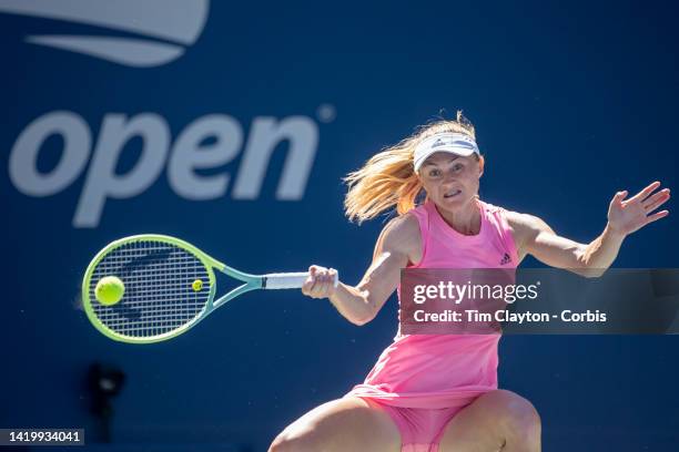 September 01: Aliaksandra Sasnovich in action against Jessica Pegula of the United States on Louis Armstrong Stadium in the Women's Singles second...