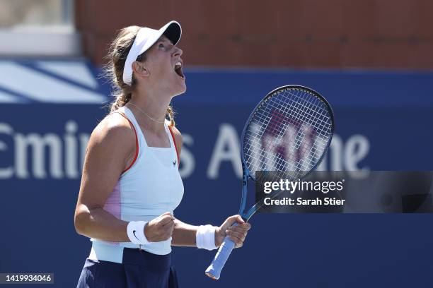 Victoria Azarenka celebrates after defeating Marta Kostyuk of Ukraine during their Women's Singles Second Round match on Day Four of the 2022 US Open...