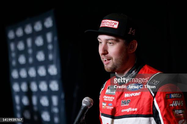 Driver Chase Briscoe speaks with the media during the NASCAR Cup Series Playoff Media Day at Charlotte Convention Center on September 01, 2022 in...