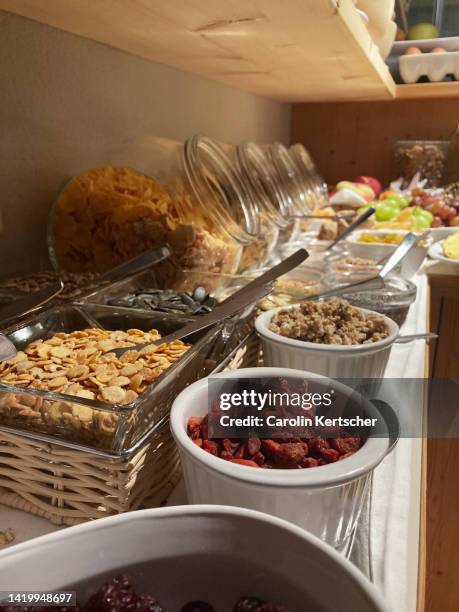 breakfast buffet in a hotel with musli, fruits, seeds and cornflakes - dispenser stockfoto's en -beelden