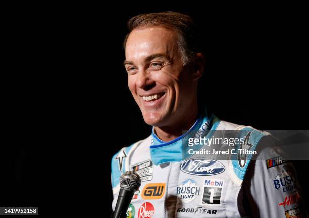 Driver Kevin Harvick speaks with the media during the NASCAR Cup Series Playoff Media Day at Charlotte Convention Center on September 01, 2022 in...