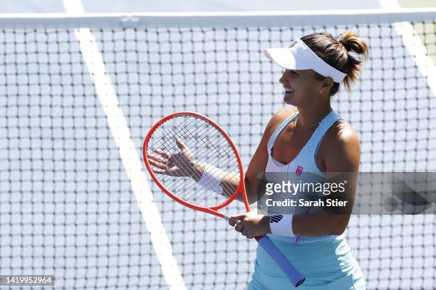 Lauren Davis of the United States celebrates after defeating Ekaterina Alexandrova during their Women's Singles Second Round match on Day Four of the...