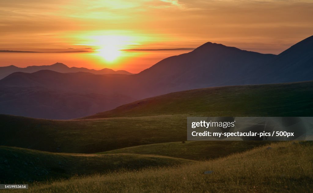 Scenic view of mountains against sky during sunset,Parco Nazionale del Gran Sasso e Monti della Laga,Italy