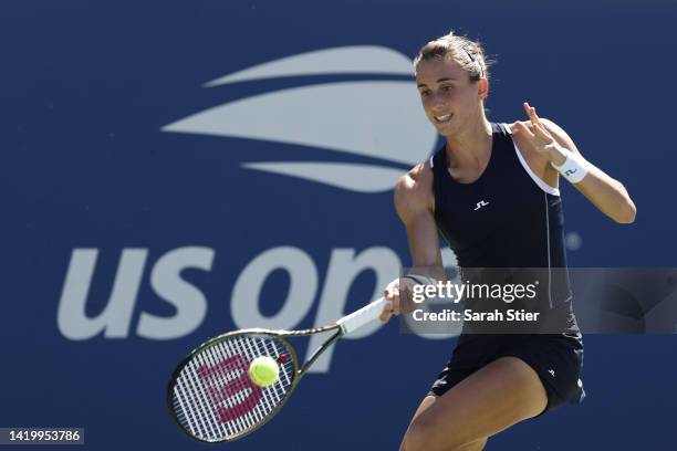 Petra Martic of Croatia plays a forehand against Paula Badosa of Spain during their Women's Singles Second Round match on Day Four of the 2022 US...