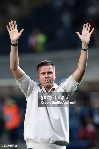 Josip Ilicic former Atalanta player waves to the fans prior to the Serie A match between Atalanta BC and Torino FC at Gewiss Stadium on September 01,...