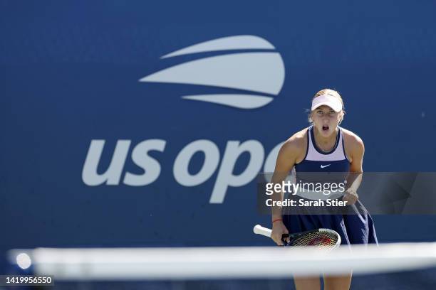 Anastasia Potapova reacts against Qinwen Zheng of China during their Women's Singles Second Round match on Day Four of the 2022 US Open at USTA...