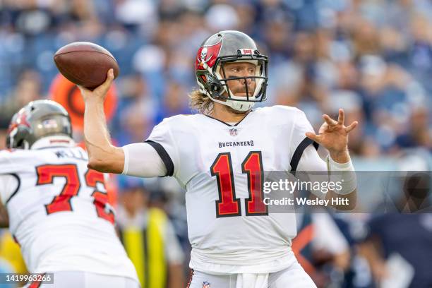 Blaine Gabbert of the Tampa Bay Buccaneers throws a pass during a preseason game against the Tennessee Titans at Nissan Stadium on August 20, 2022 in...