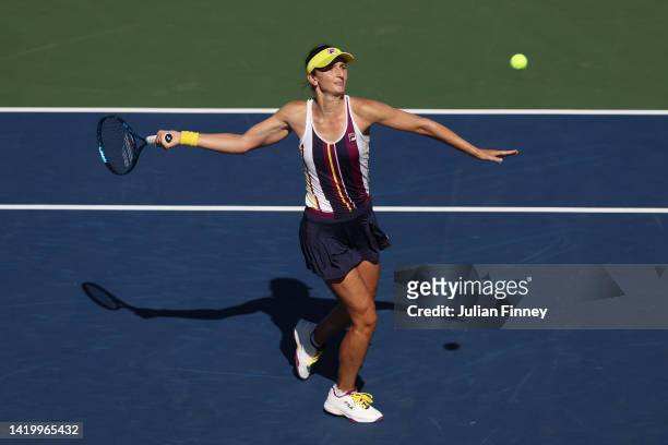 Irina-Camelia Begu of Romania plays a forehand against Yue Yuan of China during their Women's Singles Second Round match on Day Four of the 2022 US...