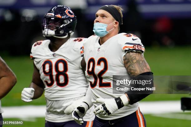 Brent Urban of the Chicago Bears runs off of the field during an NFL wild-card playoff football game against the New Orleans Saints on January 10,...