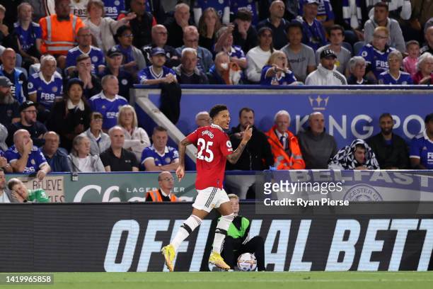 Jadon Sancho of Manchester United celebrates after scoring their side's first goal during the Premier League match between Leicester City and...