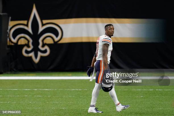 Anthony Miller of the Chicago Bears looks on during an NFL wild-card playoff football game against the New Orleans Saints on January 10, 2021 in New...