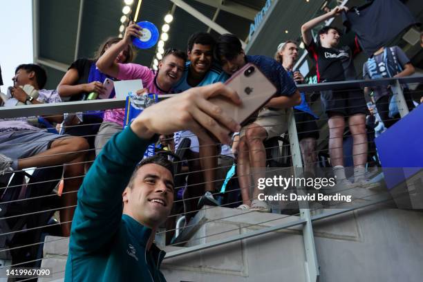 Séamus Coleman of Everton takes a photo with fans before the start of an international friendly against Minnesota United at Allianz Field on July 20,...