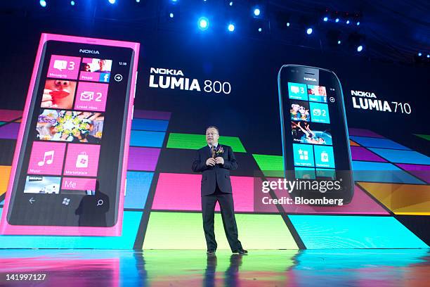 Stephen Elop, chief executive officer of Nokia Oyj, speaks during the launch of the company's Lumia Windows smartphones in Beijing, China, on...