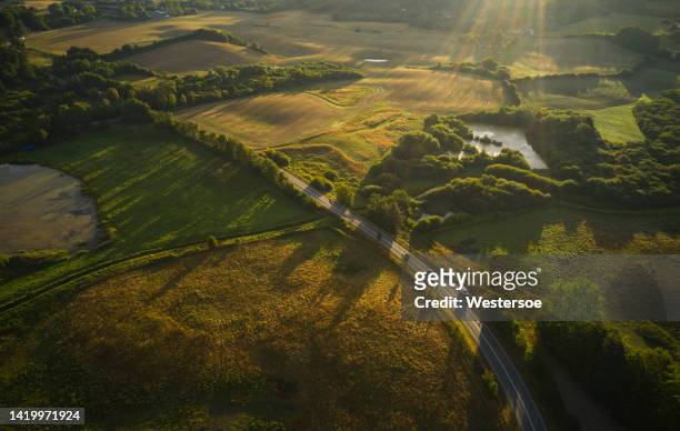 aerial view of fields - danemark stock pictures, royalty-free photos & images