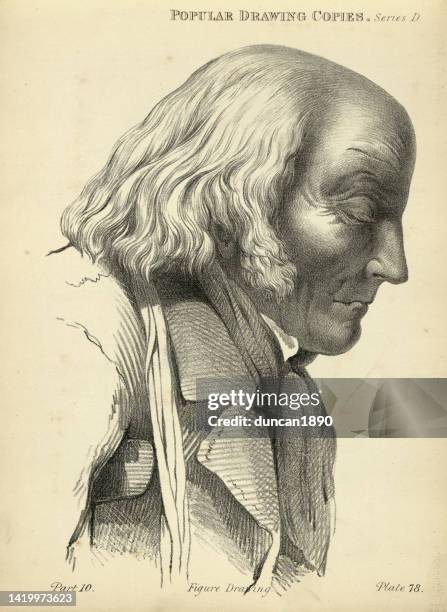 sketching human face, portrait of an old man, victorian art figure drawing copies 19th century - old man portrait stock illustrations