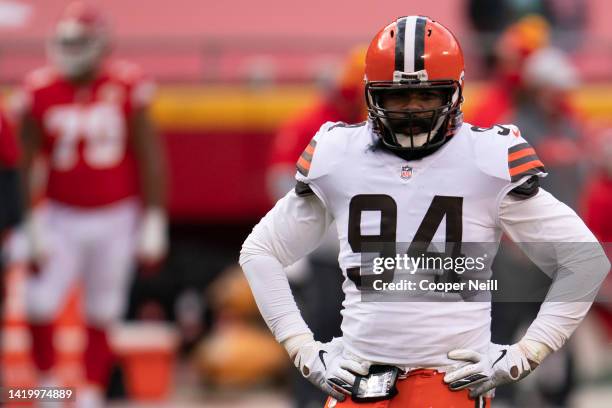 Adrian Clayborn of the Cleveland Browns waits during a stop in play during an NFL divisional round playoff football game against the Kansas City...