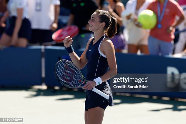 Petra Martic of Croatia celebrates after defeating Paula Badosa of Spain during their Women's Singles Second Round match on Day Four of the 2022 US...