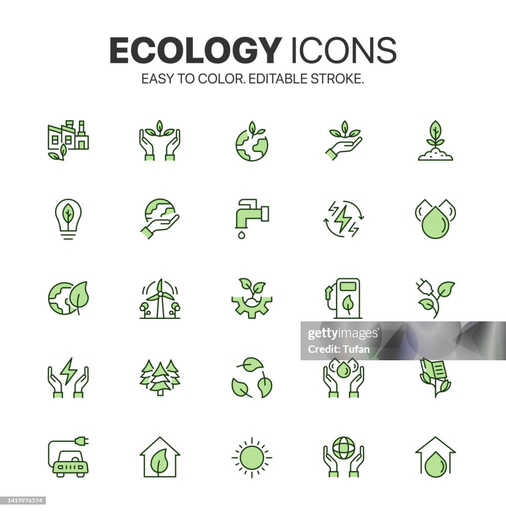 Nachhaltigkeits-Icon-Set. Einfach zu färben. Umweltfreundliche verwandte bunte Symbole. Symbolpaket für Umwelt, Ökologie und Ökosystem