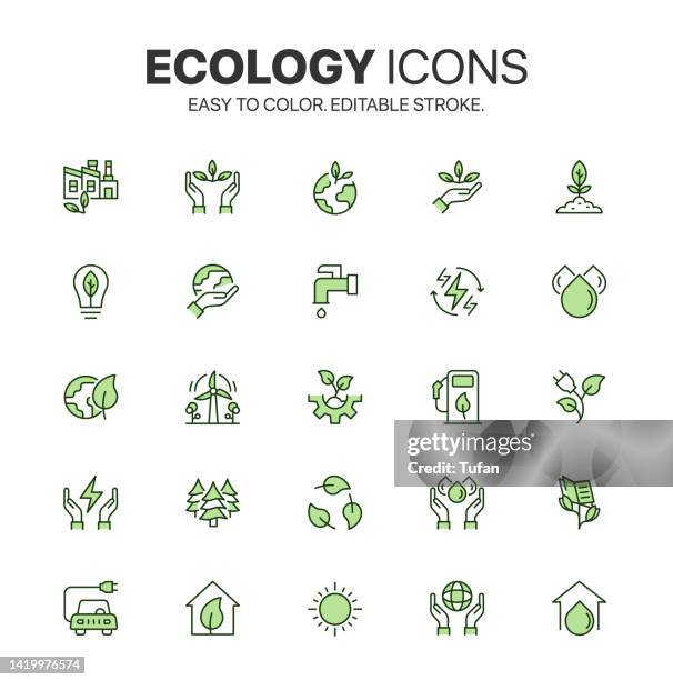 nachhaltigkeits-icon-set. einfach zu färben. umweltfreundliche verwandte bunte symbole. symbolpaket für umwelt, ökologie und ökosystem - nachhaltigkeit stock-grafiken, -clipart, -cartoons und -symbole