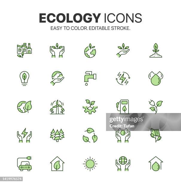 illustrations, cliparts, dessins animés et icônes de jeu d’icônes de durabilité. facile à colorier. icônes colorées liées à eco friendly. pack de symboles environnement, écologie et écosystème - développement durable