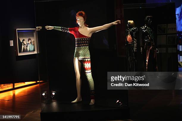 Costume designed by Japanese designer Kansai Yamamoto for David Bowie's Ziggy Stardust character is display at the Victoria and Albert museums' new...