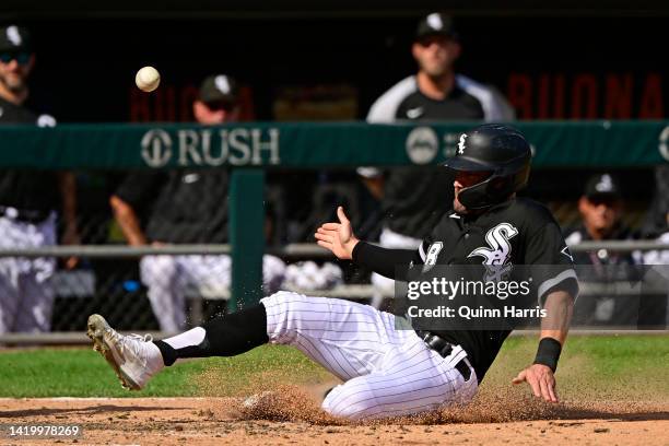 Pollock of the Chicago White Sox slides home to score in the sixth inning against the Kansas City Royals at Guaranteed Rate Field on September 01,...