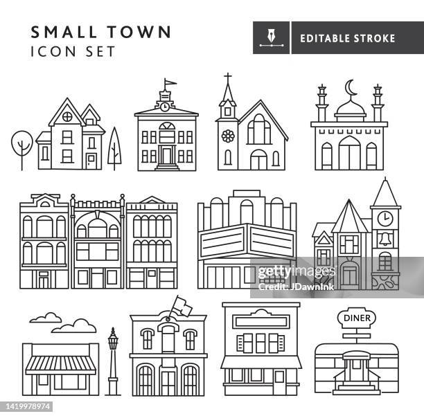 stockillustraties, clipart, cartoons en iconen met small town community buildings thin line icon set victorian house, schoolhouse,church,mosque,downtown, theatre, clock tower - editable stroke - small town