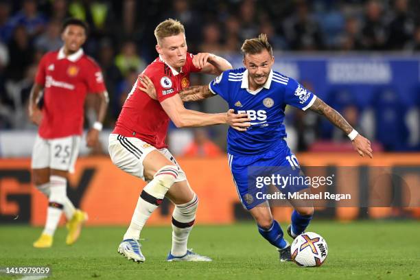 James Maddison of Leicester City is challenged by Scott McTominay of Manchester United during the Premier League match between Leicester City and...