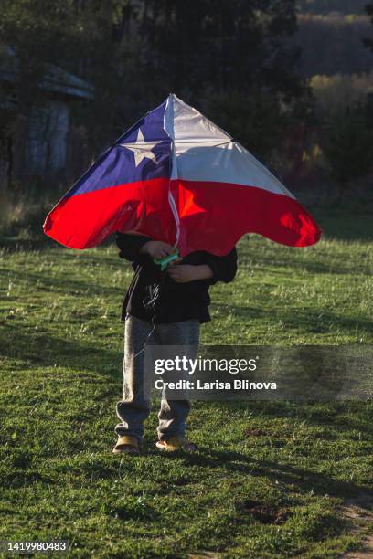little boy holding a kite with the chilean flag. - setembro imagens e fotografias de stock