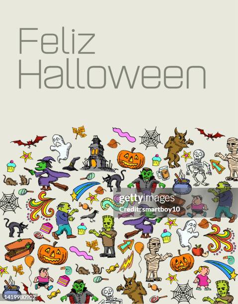 feliz halloween - happy halloween (in spanish) - werewolf stock illustrations