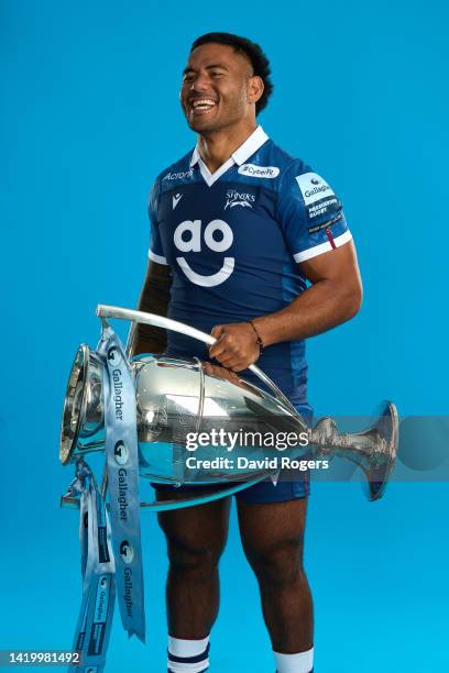 Manu Tuilagi of Sale Sharks poses during the Gallagher Premiership Rugby Season Launch at Twickenham Stadium on September 01, 2022 in London, England.