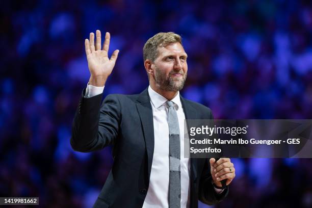 Dirk Nowitzki gives a speech during his jersey retirement prior to the FIBA EuroBasket 2022 group B match between France and Germany at Lanxess Arena...