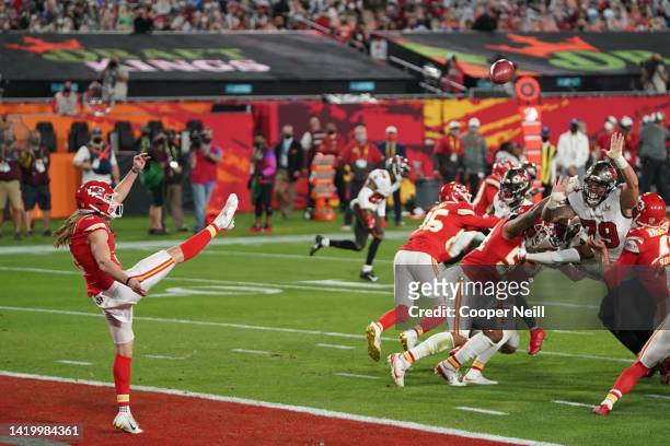 Tommy Townsend of the Kansas City Chiefs punts the ball during the NFL Super Bowl 55 football game against the Tampa Bay Buccaneers on February 7,...