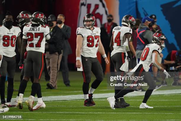Zach Triner of the Tampa Bay Buccaneers tackes the field during the NFL Super Bowl 55 football game against the Kansas City Chiefs on February 7,...