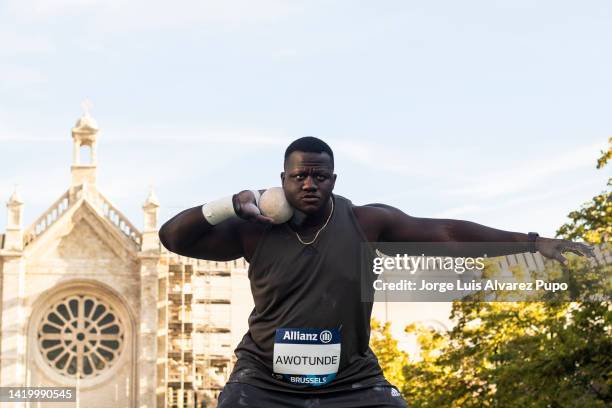 Josh Awotunde of the U.S. Competes in the Shot Put men's final of the Allianz Memorial Van Damme 2022, part of the 2022 Diamond League series at the...