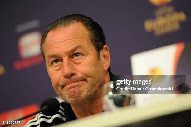 Head coach Huub Stevens of Schalke reacts during a press conference prior to their UEFA Europa League quarterfinal match against Athletic Bilbao on...