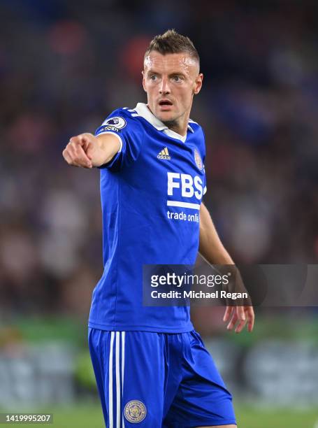 Jamie Vardy of Leicester in action during the Premier League match between Leicester City and Manchester United at The King Power Stadium on...