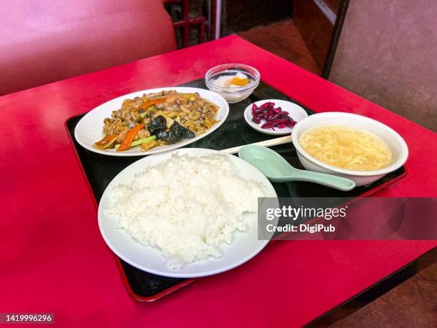 chuka teishoku on table, pork and shimeji mushrooms - almond jelly stock pictures, royalty-free photos & images