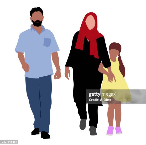 ilustrações de stock, clip art, desenhos animados e ícones de middle eastern family walking black dress blue shirt - hijab