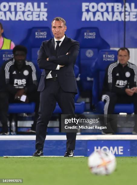 Leicester manager Brendan Rodgers looks on during the Premier League match between Leicester City and Manchester United at The King Power Stadium on...