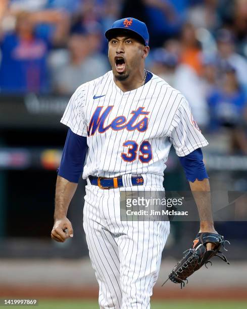 Edwin Diaz of the New York Mets reacts after the eighth inning against the Los Angeles Dodgers at Citi Field on September 01, 2022 in New York City.