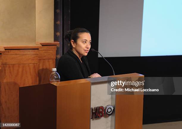 Karla Lozana of HBO addresses the audience prior to the HBO Latino MUJER DE FASES screening event at HBO Theater on March 27, 2012 in New York City.