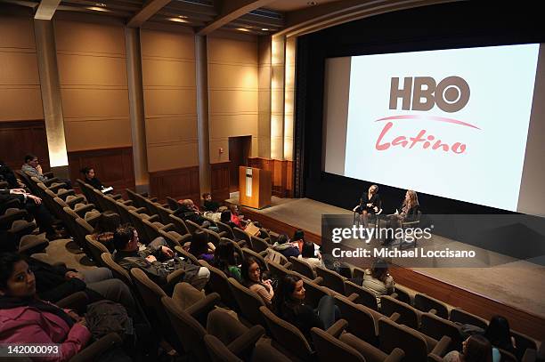 Actress Elisa Volpatto and PR Lead at MGS New York Diana Heald partake in a Q&A with the audience following the HBO Latino MUJER DE FASES screening...